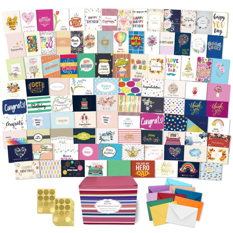 Janvale 100 All Occasion Cards Assortment Box with Color Envelopesï¼ŒAll Occasion Cards Set with Greeting Inside, Large 5 x 7 inch Cards with Stickers and Dividers - Image 1